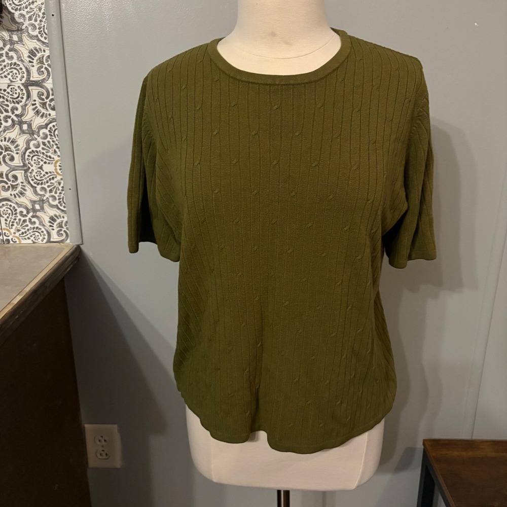 Sag Harbor Short Sleeve‎ Olive Green Textured Cable Knit Top Blouse (Women's 1X)